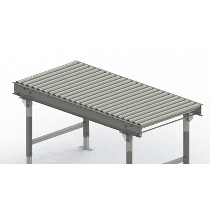 Roller conveyor, steel frame with zinc plated steel rollers, track width 750 mm, distance between axles 62.5 mm, length 1.5 m.