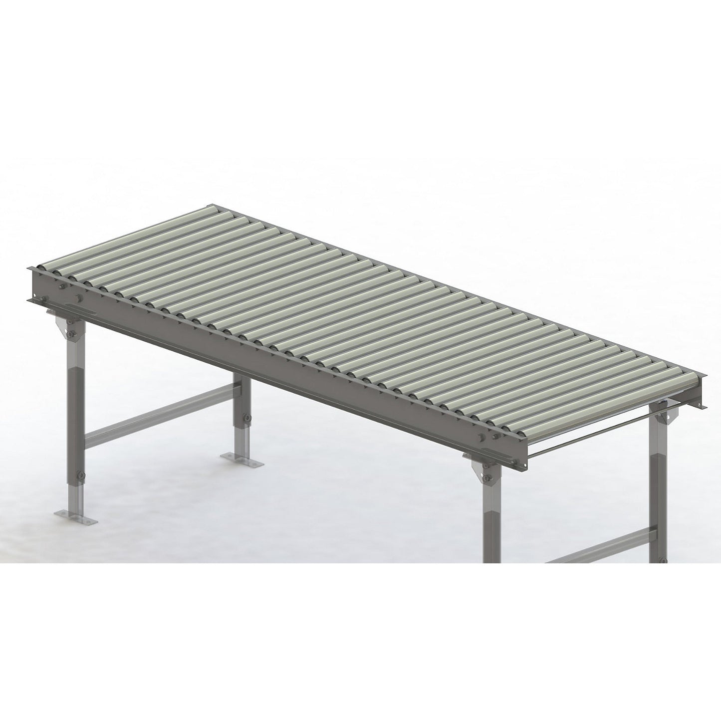 Roller conveyor, steel frame with zinc plated steel rollers, track width 750 mm, distance between axles 62.5 mm, length 2 m.