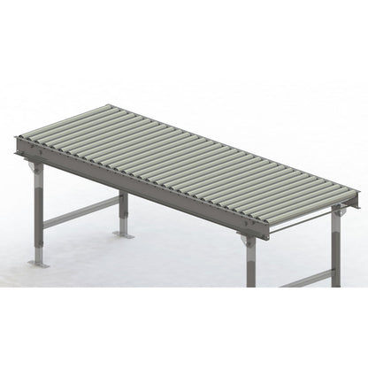 Roller conveyor, steel frame with zinc plated steel rollers, track width 750 mm, distance between axles 62.5 mm, length 2 m.