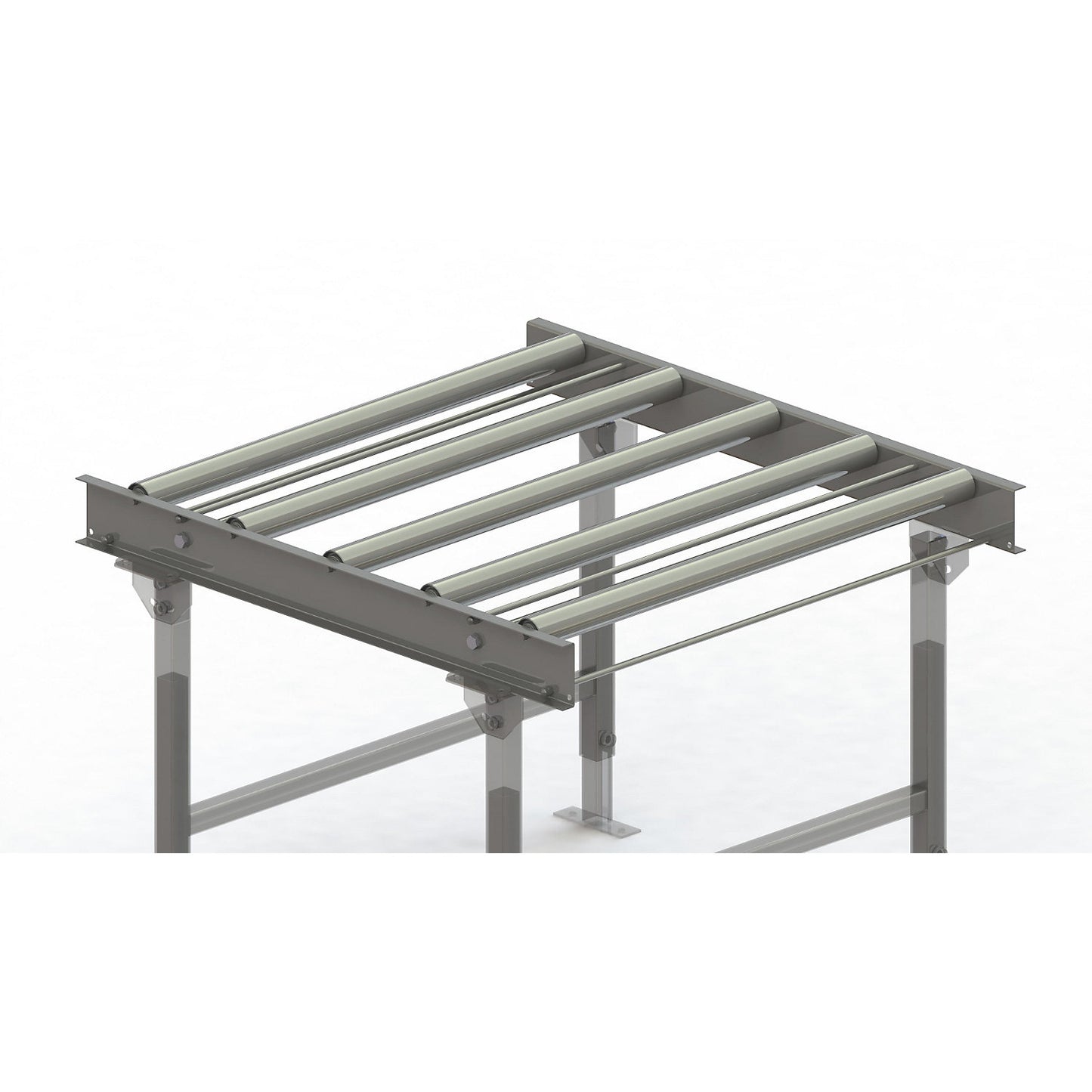 Roller conveyor, steel frame with zinc plated steel rollers, track width 900 mm, distance between axles 200 mm, length 1 m.