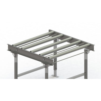 Roller conveyor, steel frame with zinc plated steel rollers, track width 900 mm, distance between axles 200 mm, length 1 m.
