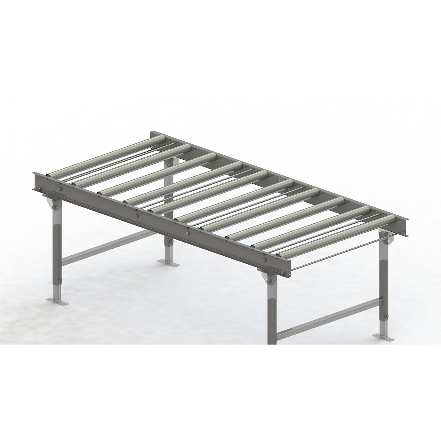 Roller conveyor, steel frame with zinc plated steel rollers, track width 900 mm, distance between axles 200 mm, length 2 m.