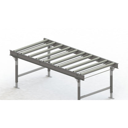 Roller conveyor, steel frame with zinc plated steel rollers, track width 900 mm, distance between axles 200 mm, length 2 m.
