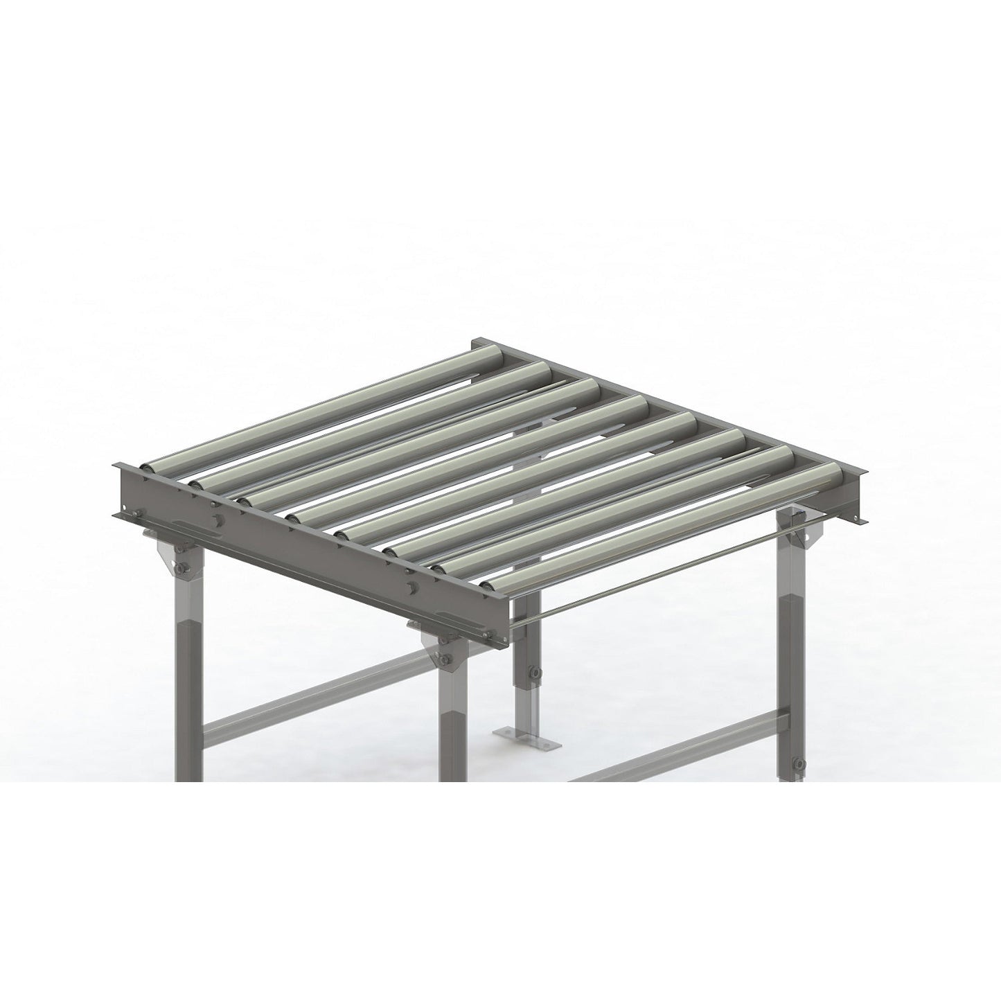 Roller conveyor, steel frame with zinc plated steel rollers, track width 900 mm, distance between axles 125 mm, length 1 m.