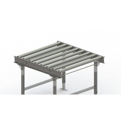 Roller conveyor, steel frame with zinc plated steel rollers, track width 900 mm, distance between axles 125 mm, length 1 m.