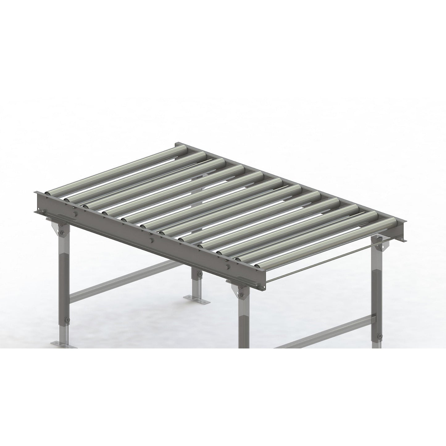 Roller conveyor, steel frame with zinc plated steel rollers, track width 900 mm, distance between axles 125 mm, length 1.5 m.