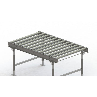 Roller conveyor, steel frame with zinc plated steel rollers, track width 900 mm, distance between axles 125 mm, length 1.5 m.