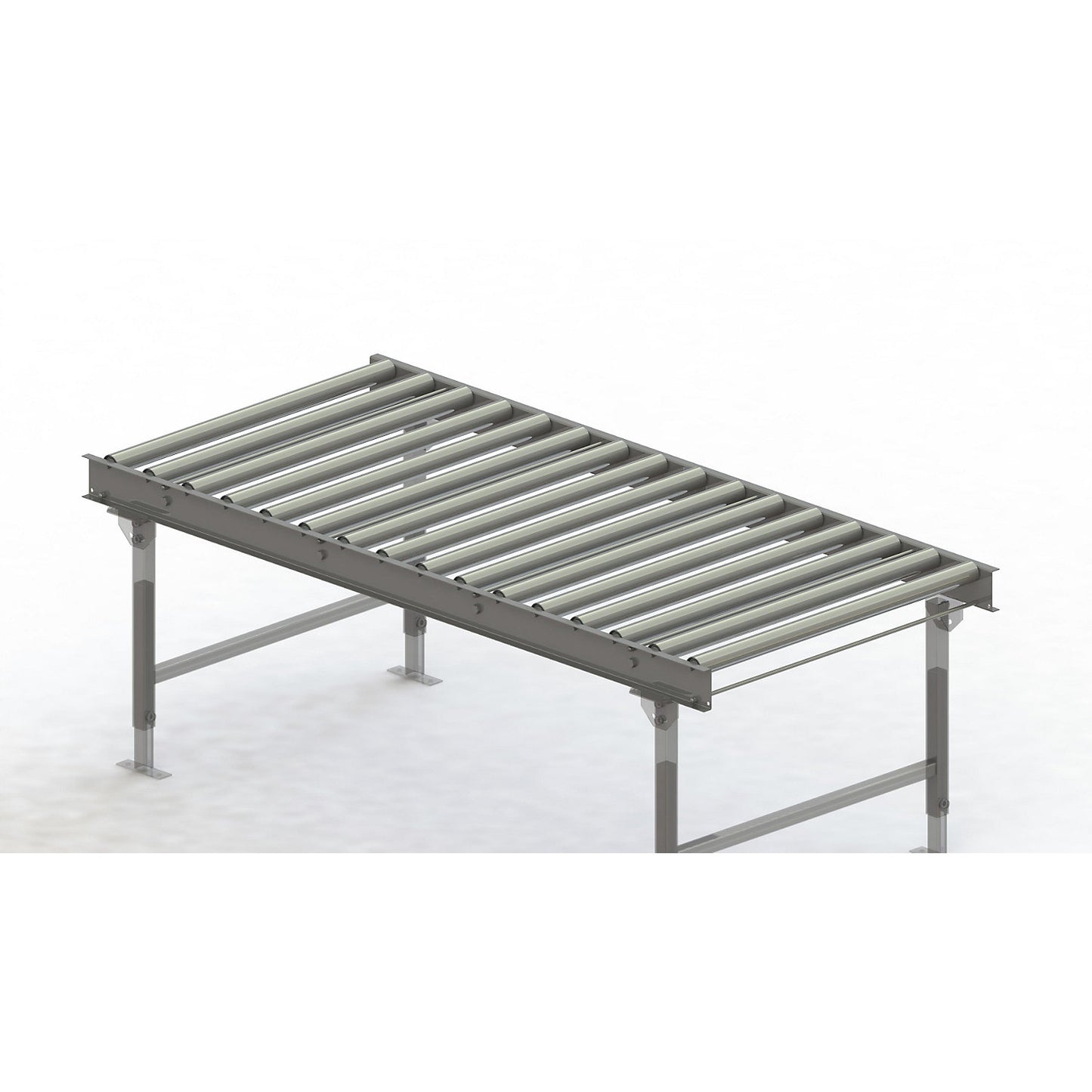 Roller conveyor, steel frame with zinc plated steel rollers, track width 900 mm, distance between axles 125 mm, length 2 m.