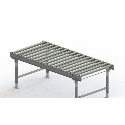 Roller conveyor, steel frame with zinc plated steel rollers, track width 900 mm, distance between axles 125 mm, length 2 m.