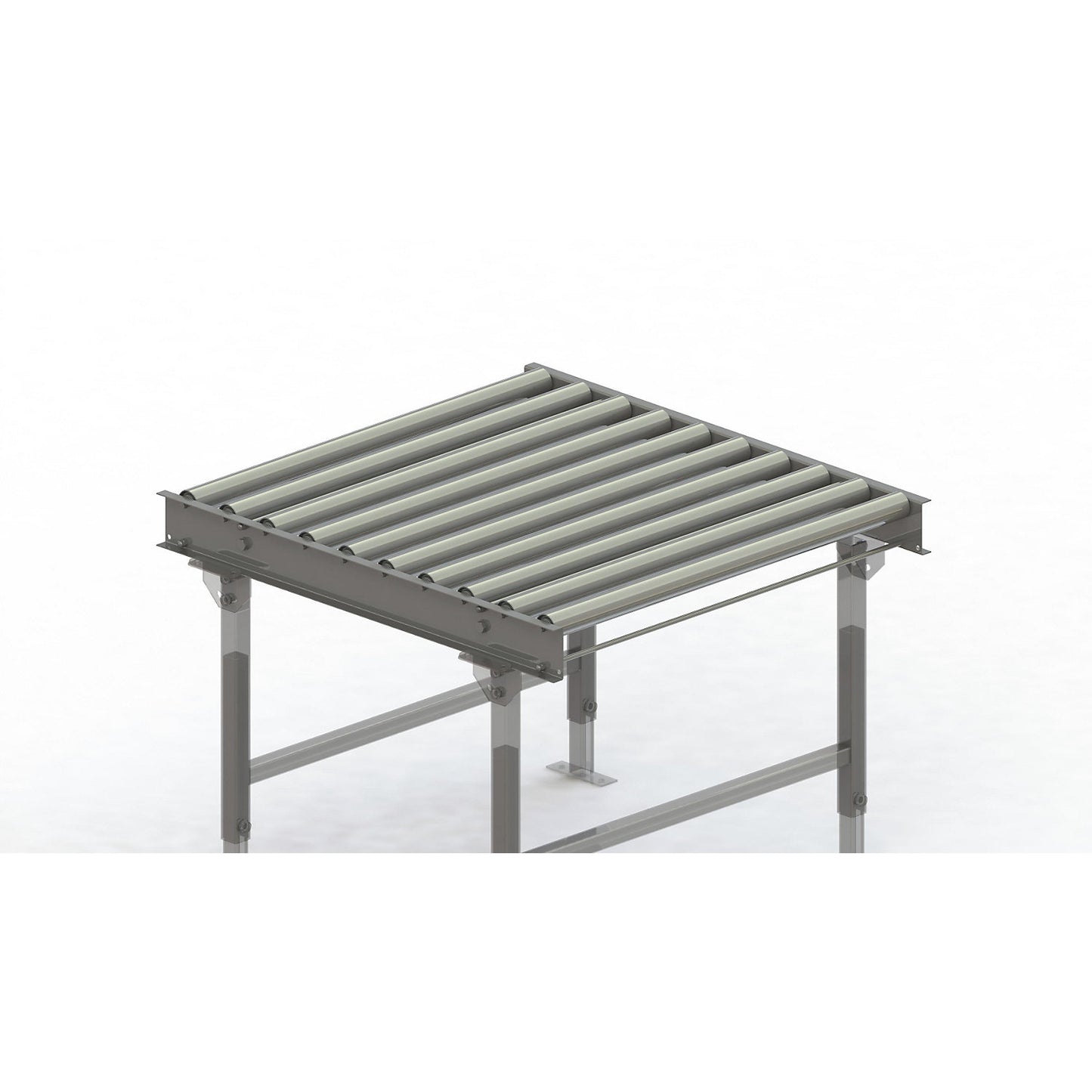 Roller conveyor, steel frame with zinc plated steel rollers, track width 900 mm, distance between axles 100 mm, length 1 m.