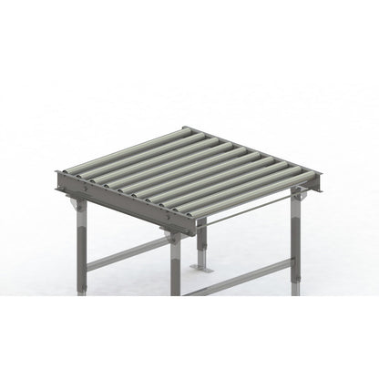 Roller conveyor, steel frame with zinc plated steel rollers, track width 900 mm, distance between axles 100 mm, length 1 m.