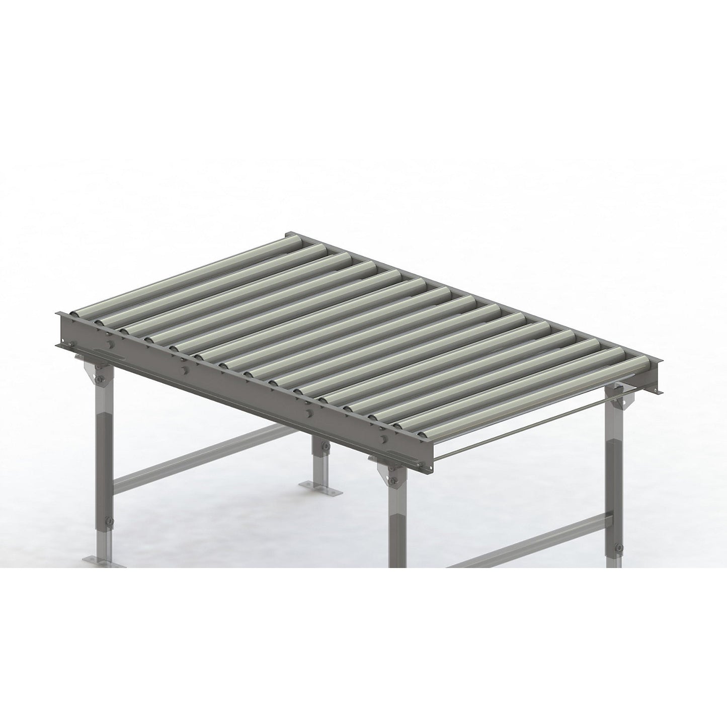 Roller conveyor, steel frame with zinc plated steel rollers, track width 900 mm, distance between axles 100 mm, length 1.5 m.
