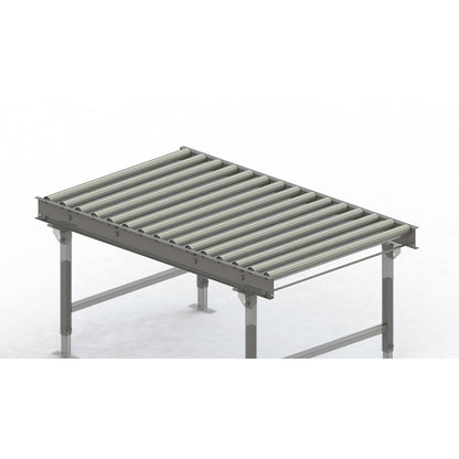 Roller conveyor, steel frame with zinc plated steel rollers, track width 900 mm, distance between axles 100 mm, length 1.5 m.