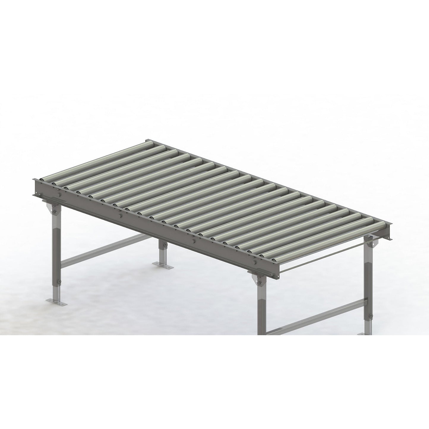 Roller conveyor, steel frame with zinc plated steel rollers, track width 900 mm, distance between axles 100 mm, length 2 m.