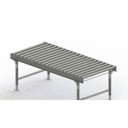 Roller conveyor, steel frame with zinc plated steel rollers, track width 900 mm, distance between axles 100 mm, length 2 m.
