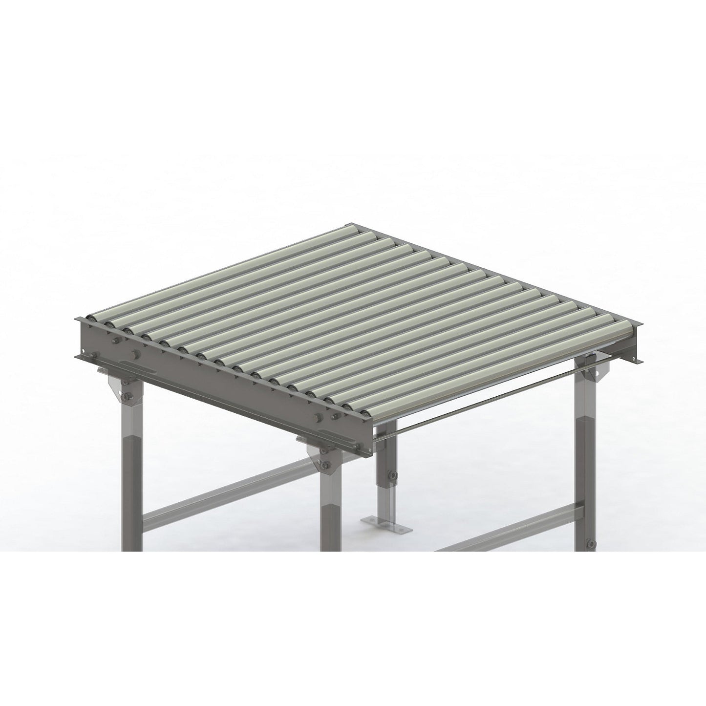 Roller conveyor, steel frame with zinc plated steel rollers, track width 900 mm, distance between axles 62.5 mm, length 1 m.