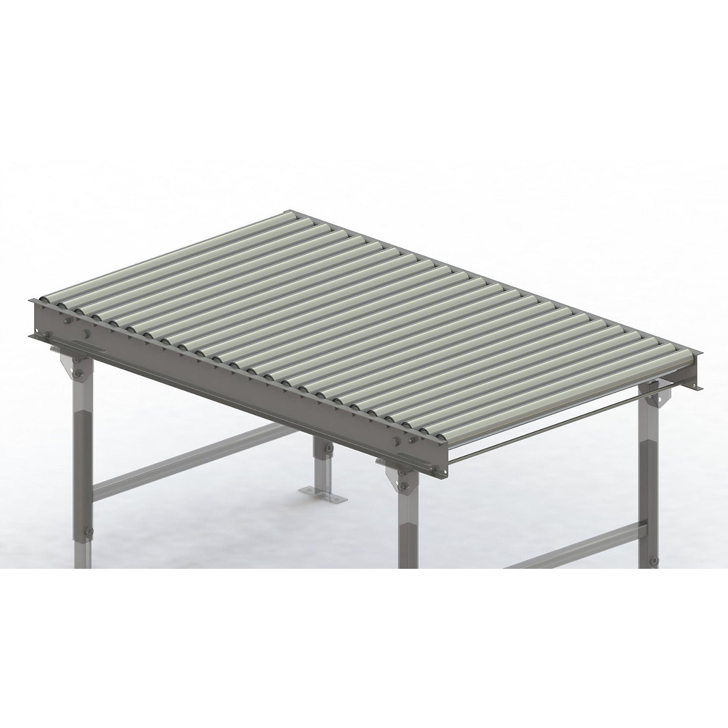 Roller conveyor, steel frame with zinc plated steel rollers, track width 900 mm, distance between axles 62.5 mm, length 1.5 m.