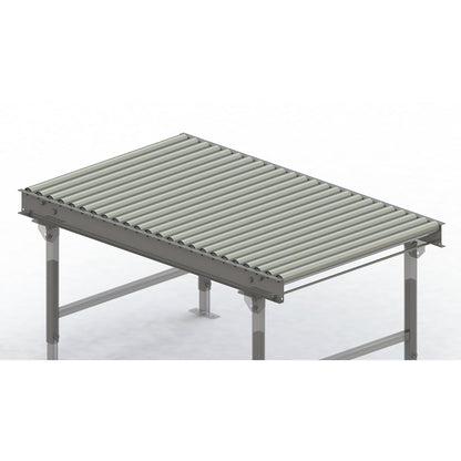 Roller conveyor, steel frame with zinc plated steel rollers, track width 900 mm, distance between axles 62.5 mm, length 1.5 m.