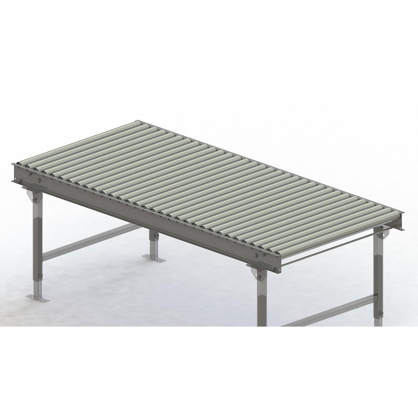 Roller conveyor, steel frame with zinc plated steel rollers, track width 900 mm, distance between axles 62.5 mm, length 2 m.
