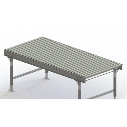 Roller conveyor, steel frame with zinc plated steel rollers, track width 900 mm, distance between axles 62.5 mm, length 2 m.