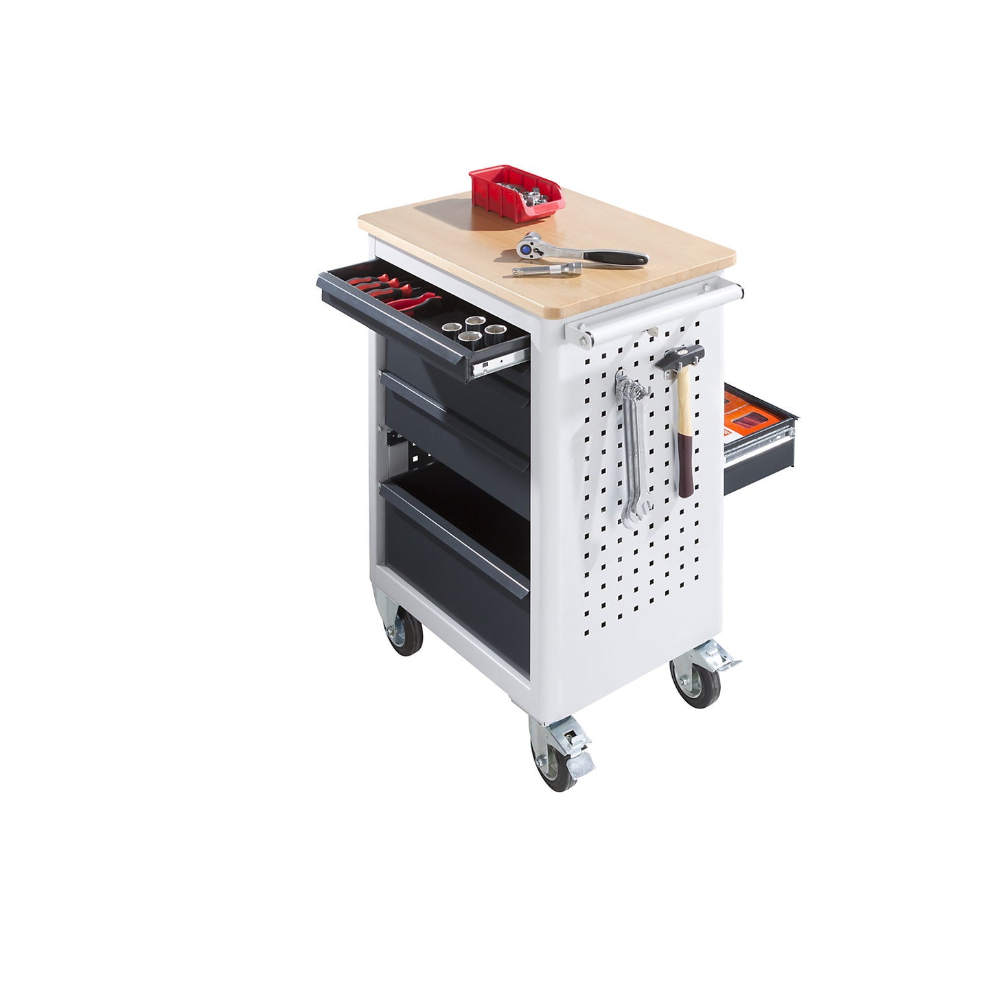 Tool trolley, width 665 mm, 6 drawers for extension on both sides, body light grey.