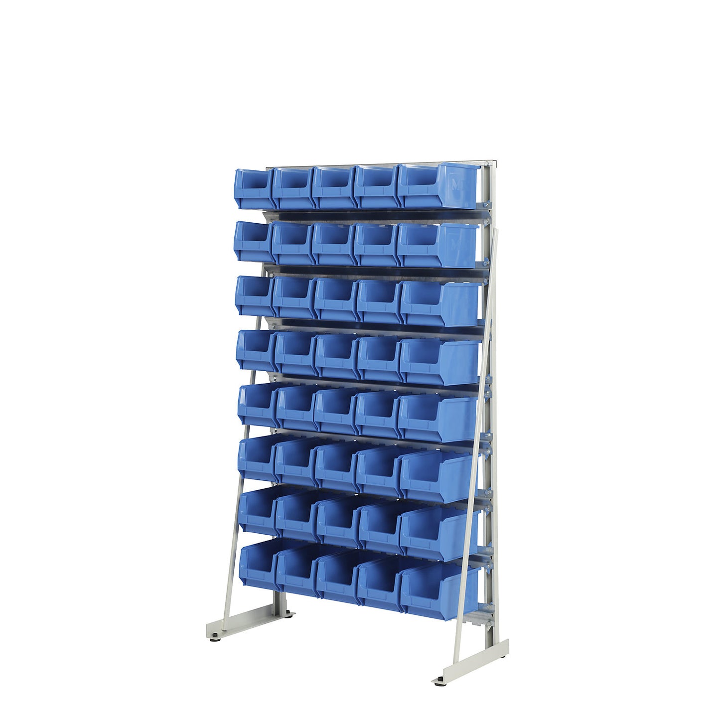 Free-standing small parts shelf unit with open fronted storage bins, single sided, with 40 open fronted storage bins.