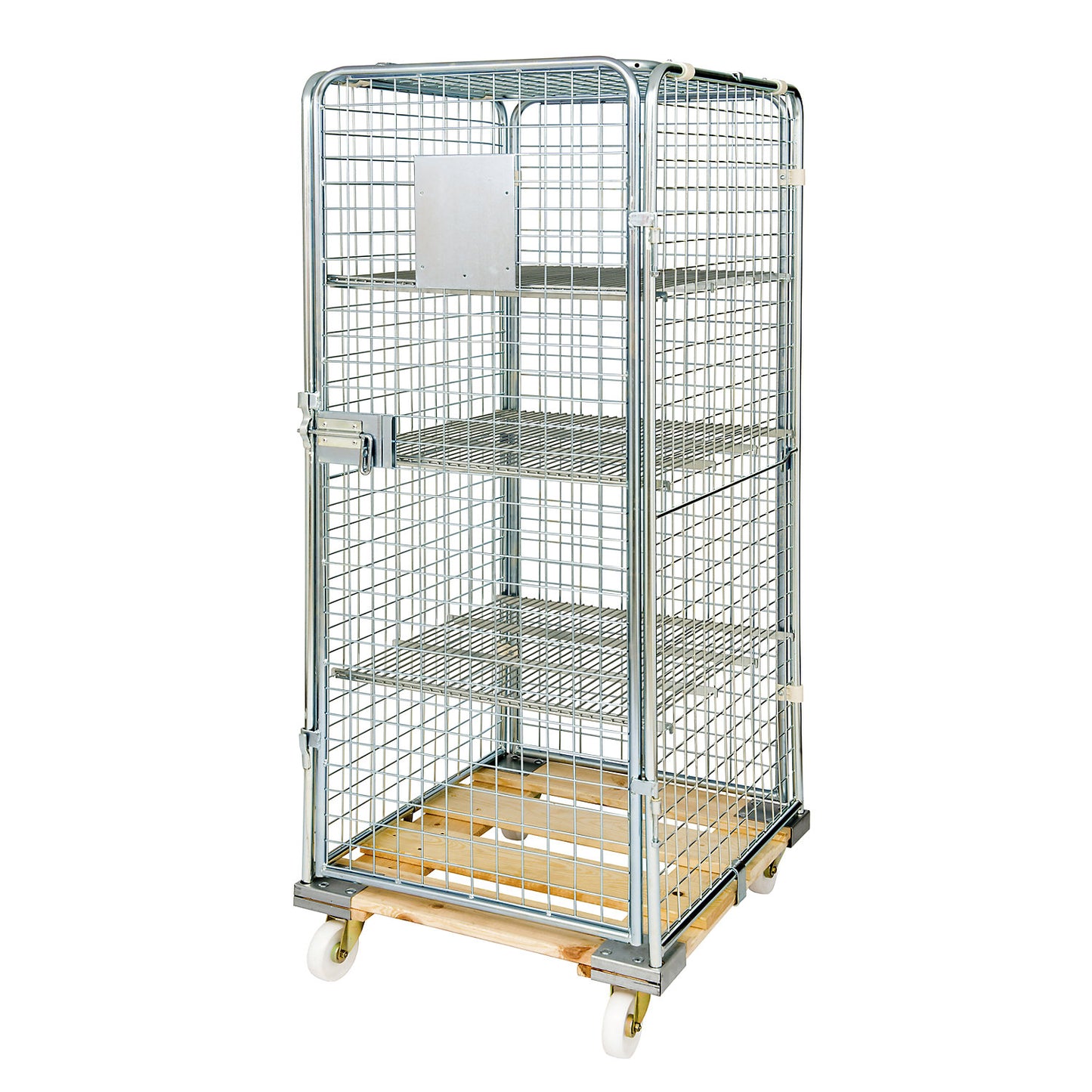 Security roll container with wooden dolly, effective height 1585 mm, with 1 door, 1 wire mesh intermediate shelf.