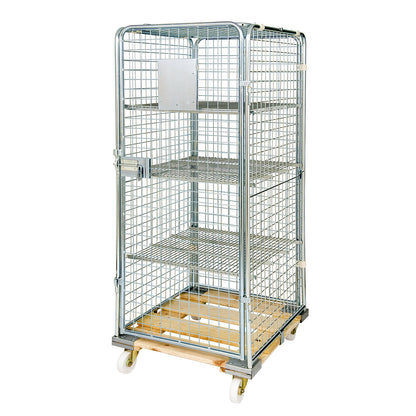 Security roll container with wooden dolly, effective height 1585 mm, with 1 door, 1 wire mesh intermediate shelf.