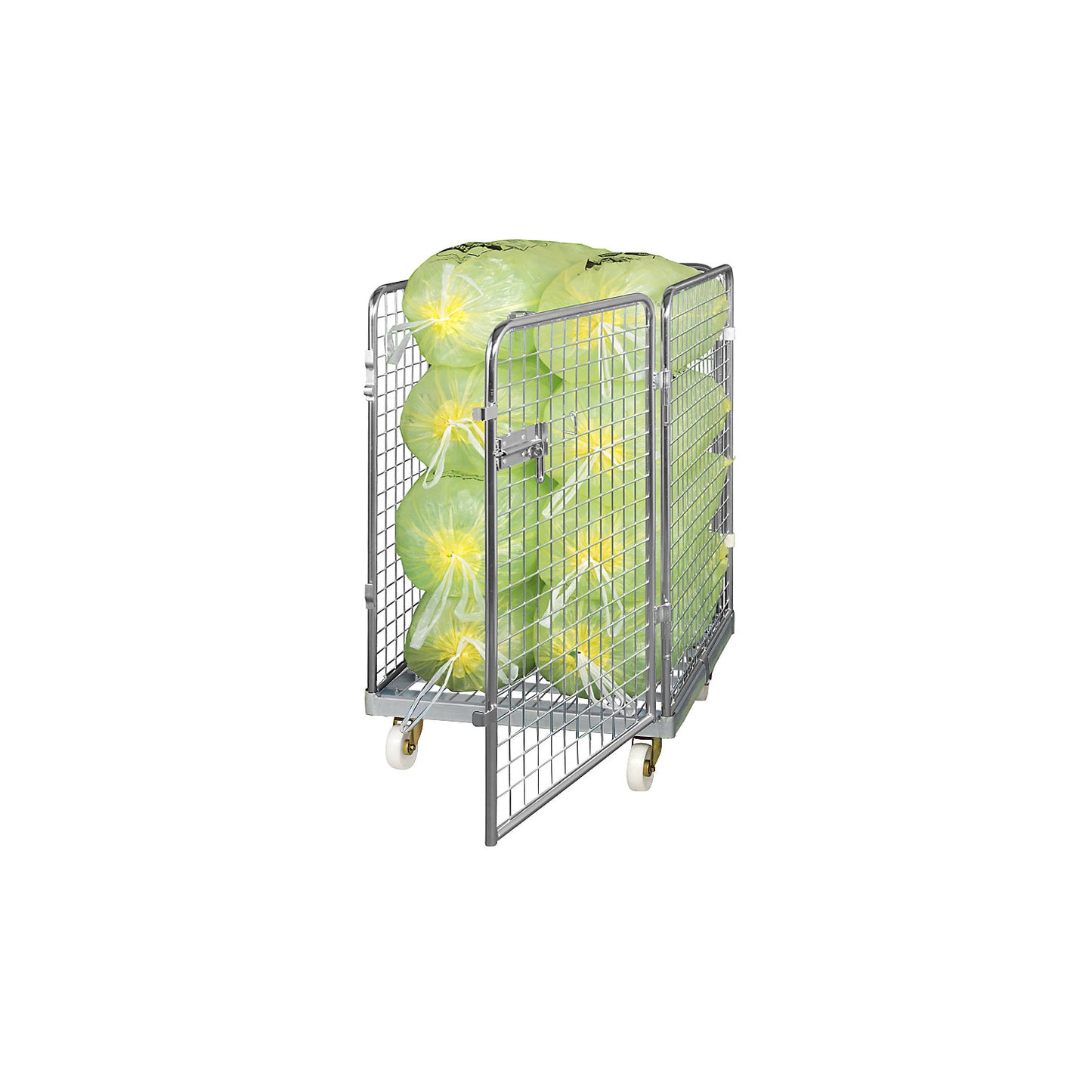 Wire mesh container with steel dolly, 4-sided, effective height 1020 mm.