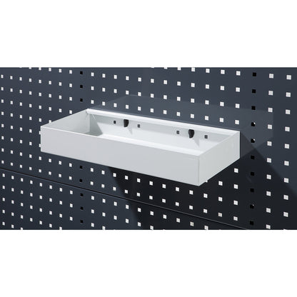 Storage tray, sheet steel, powder coated, width 440 mm.