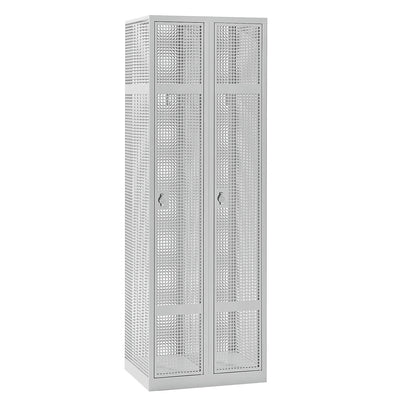 Perforated sheet steel locker, 2 compartments, light grey, W 600 mm, rotary bolt.