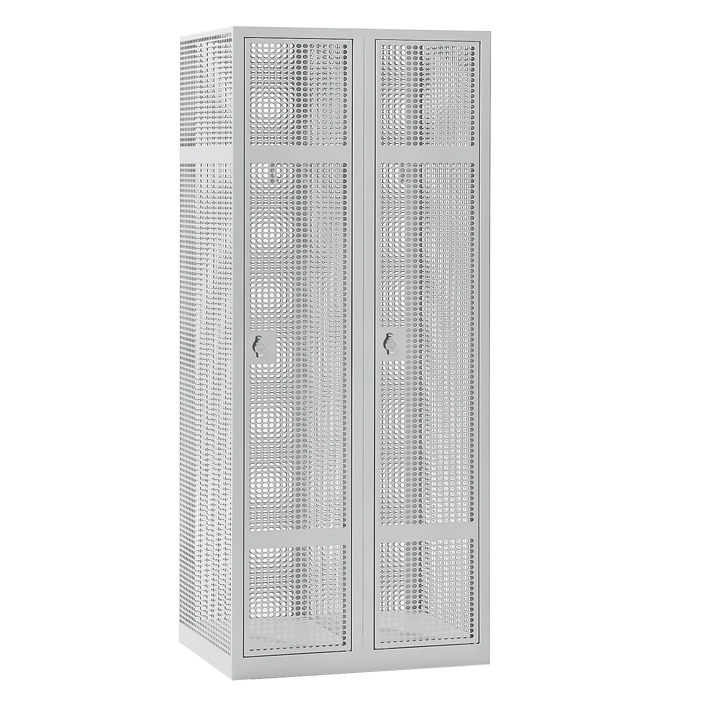 Perforated sheet steel locker, 2 compartments, light grey, W 800 mm, rotary bolt.