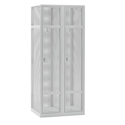 Perforated sheet steel locker, 2 compartments, light grey, W 800 mm, rotary bolt.