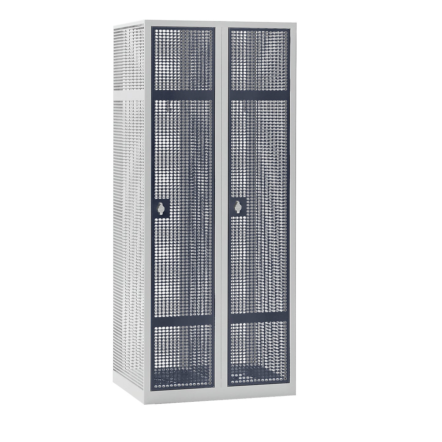 Perforated sheet steel locker, 2 compartments, light grey / basalt grey, W 800 mm, rotary bolt.