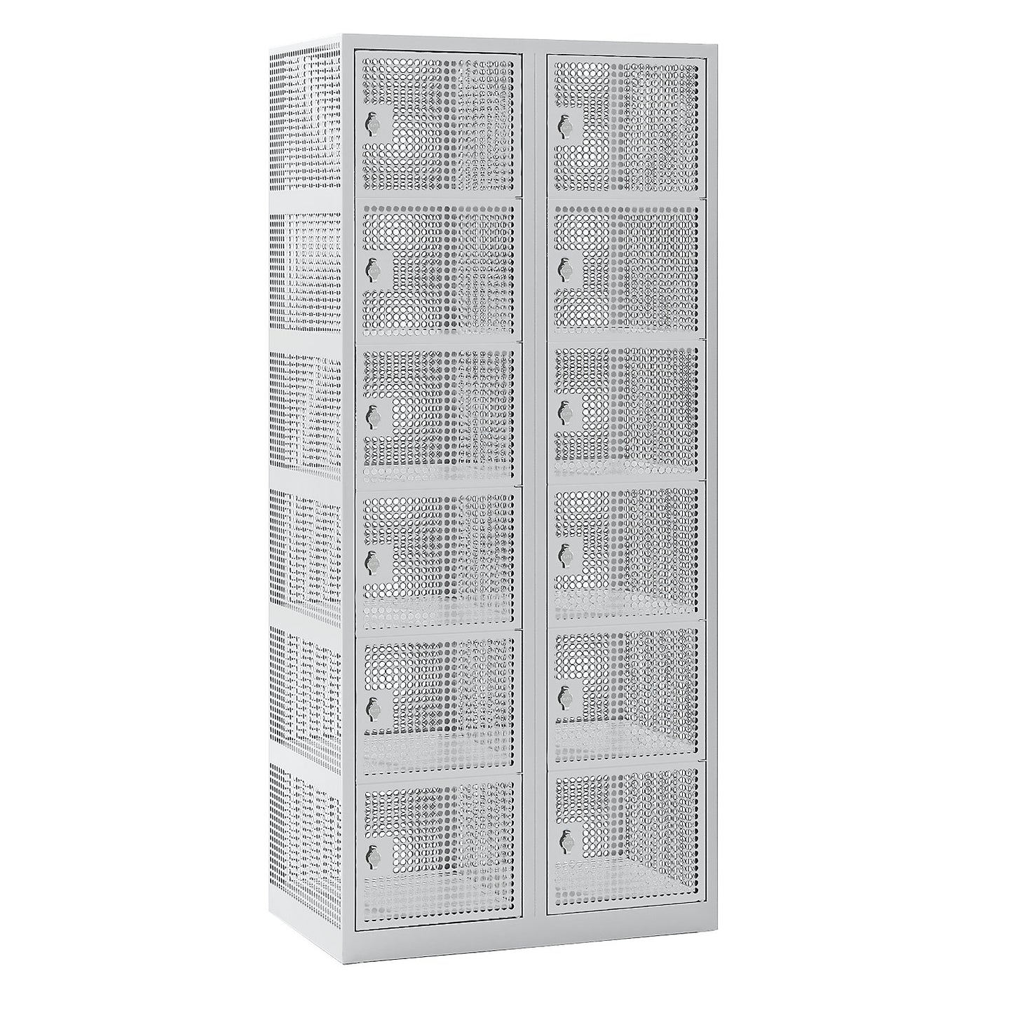 6-fold compartment locker, perforated sheet steel, 2 compartments, light grey, W 800 mm, rotary bolt.