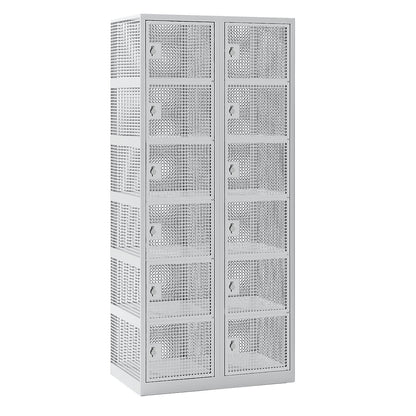 6-fold compartment locker, perforated sheet steel, 2 compartments, light grey, W 800 mm, rotary bolt.