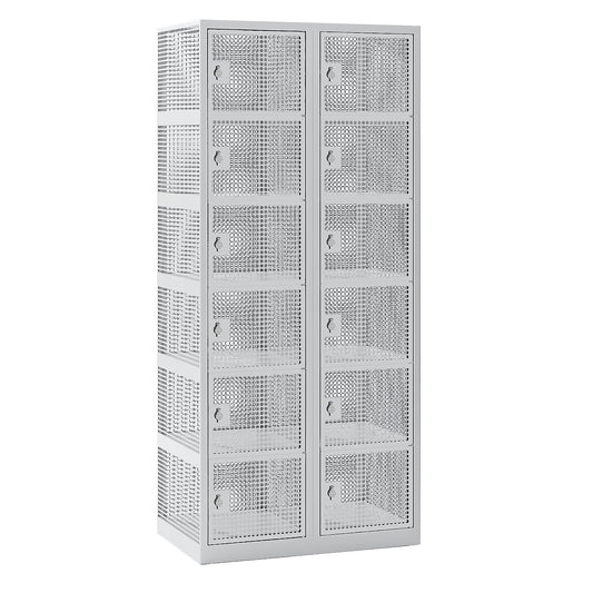 6-fold compartment locker, perforated sheet steel, 2 compartments, light grey, W 800 mm, rotary bolt.