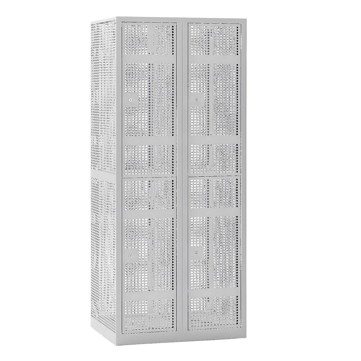 Double deck perforated sheet steel locker, 2 compartments, light grey, W 800 mm, cylinder lock.