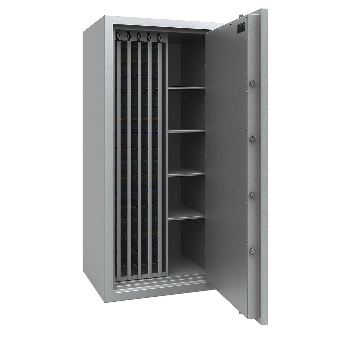 Key safe with extendable intermediate panels, VDMA B and Euro standard S2, 2400 hooks, 4 shelves, HxWxD 1806 x 836 x 700 mm.