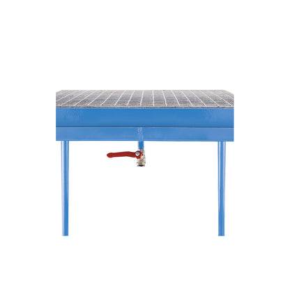 Table trolley, with sump tray, grate and drain tap, light blue.