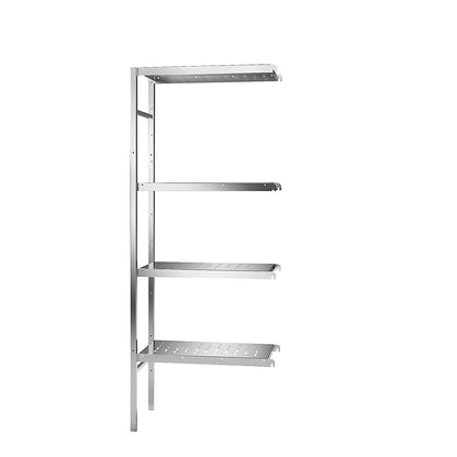 Stainless steel boltless shelf unit, 4 perforated shelves, shelf width x depth 640 x 440 mm, extension shelf unit.