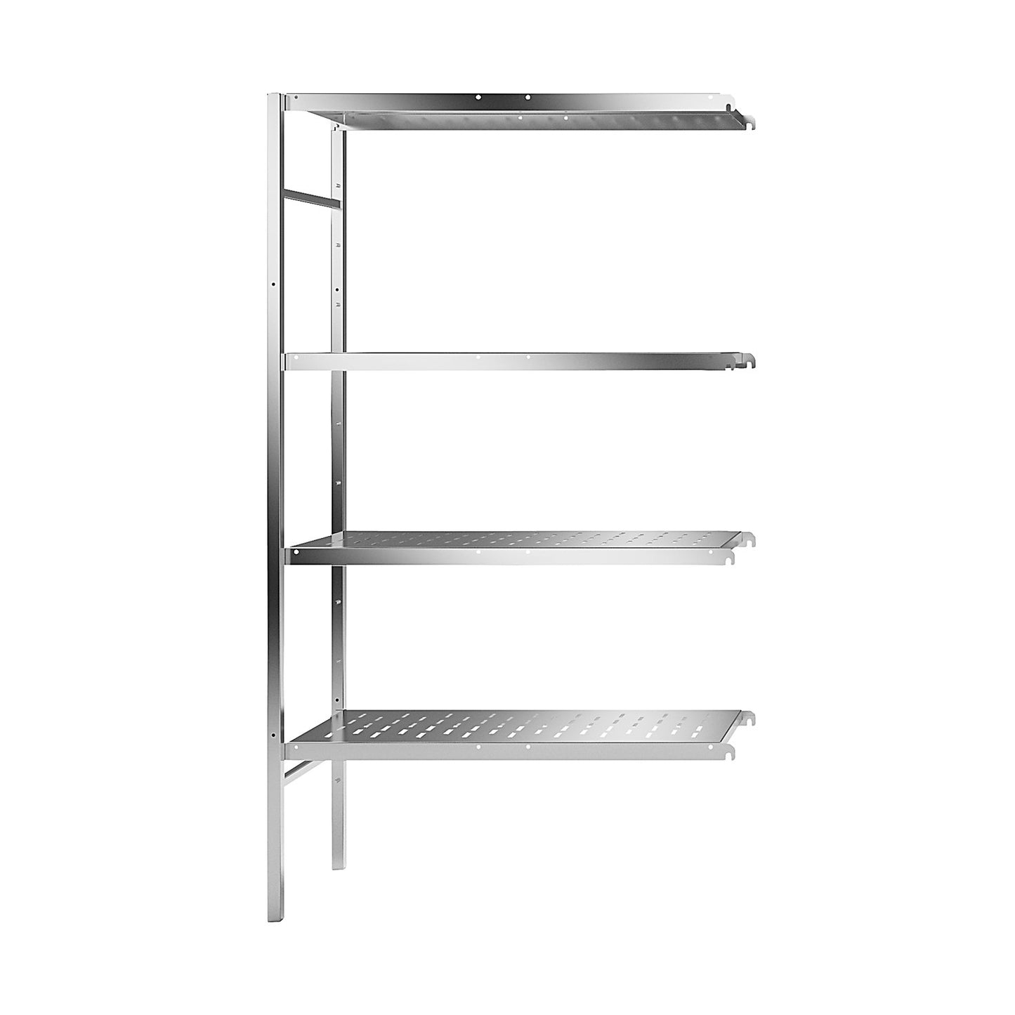 Stainless steel boltless shelf unit, 4 perforated shelves, shelf width x depth 940 x 440 mm, extension shelf unit.