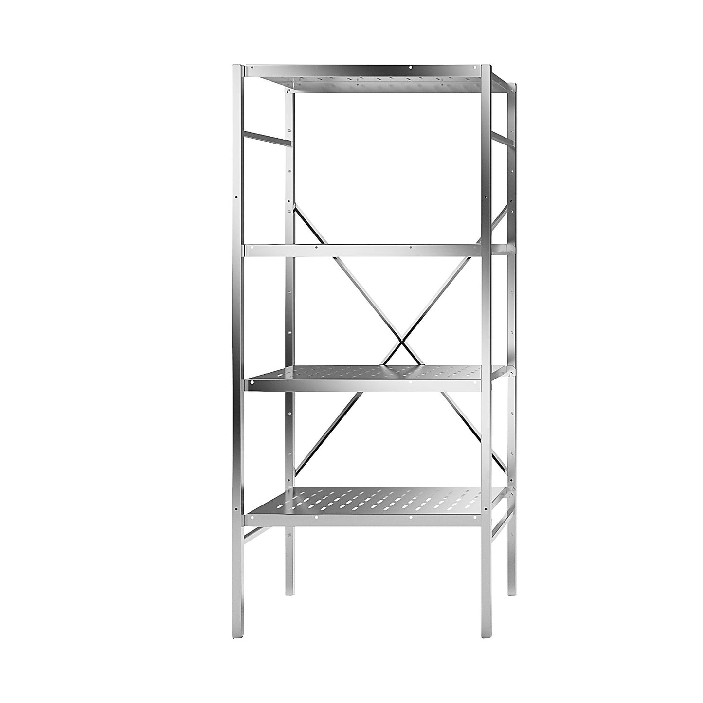 Stainless steel boltless shelf unit, 4 perforated shelves, shelf width x depth 740 x 540 mm, standard shelf unit.