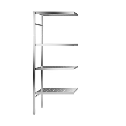 Stainless steel boltless shelf unit, 4 perforated shelves, shelf width x depth 640 x 440 mm, corner extension shelf unit.