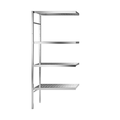 Stainless steel boltless shelf unit, 4 perforated shelves, shelf width x depth 740 x 440 mm, corner extension shelf unit.
