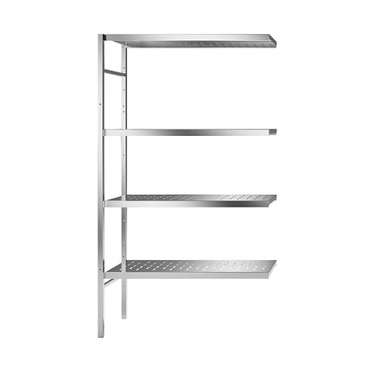 Stainless steel boltless shelf unit, 4 perforated shelves, shelf width x depth 940 x 440 mm, corner extension shelf unit.