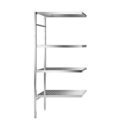Stainless steel boltless shelf unit, 4 perforated shelves, shelf width x depth 740 x 540 mm, corner extension shelf unit.