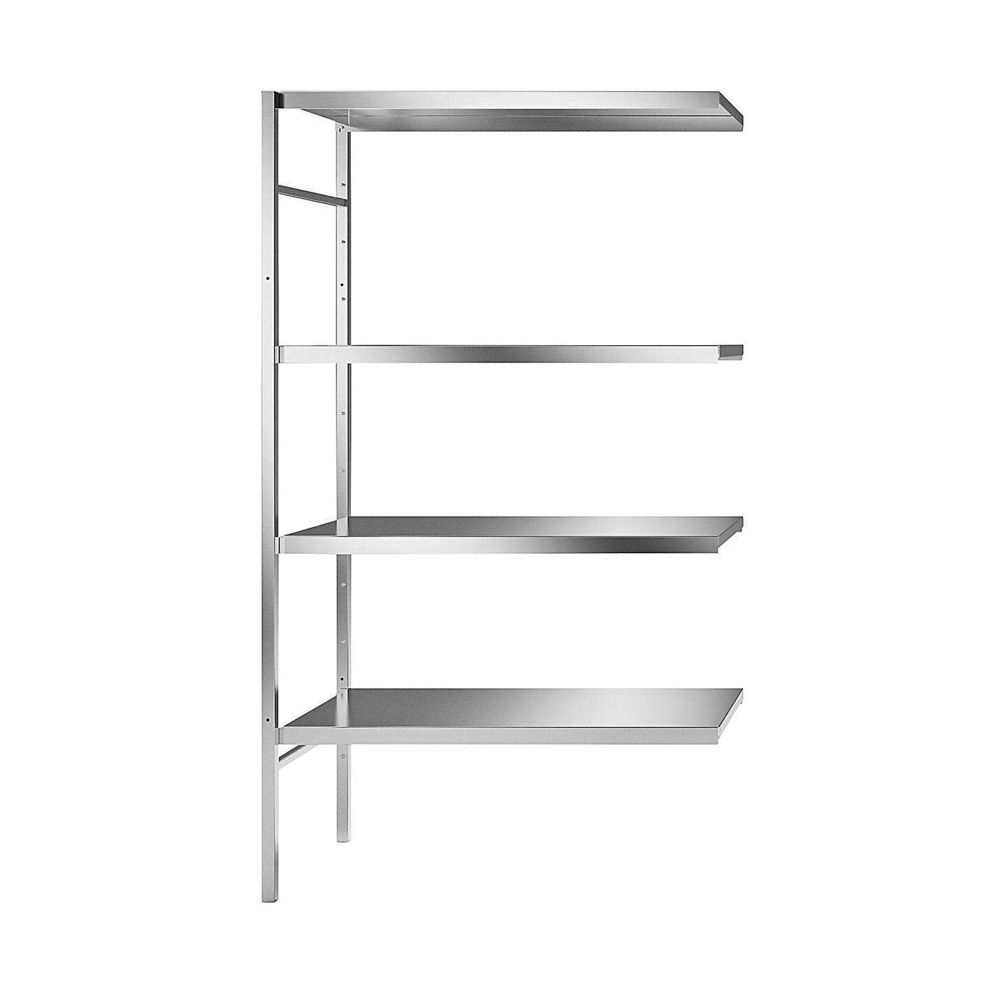 Stainless steel boltless shelf unit, 4 smooth shelves, shelf width x depth 940 x 540 mm, corner extension shelf unit.