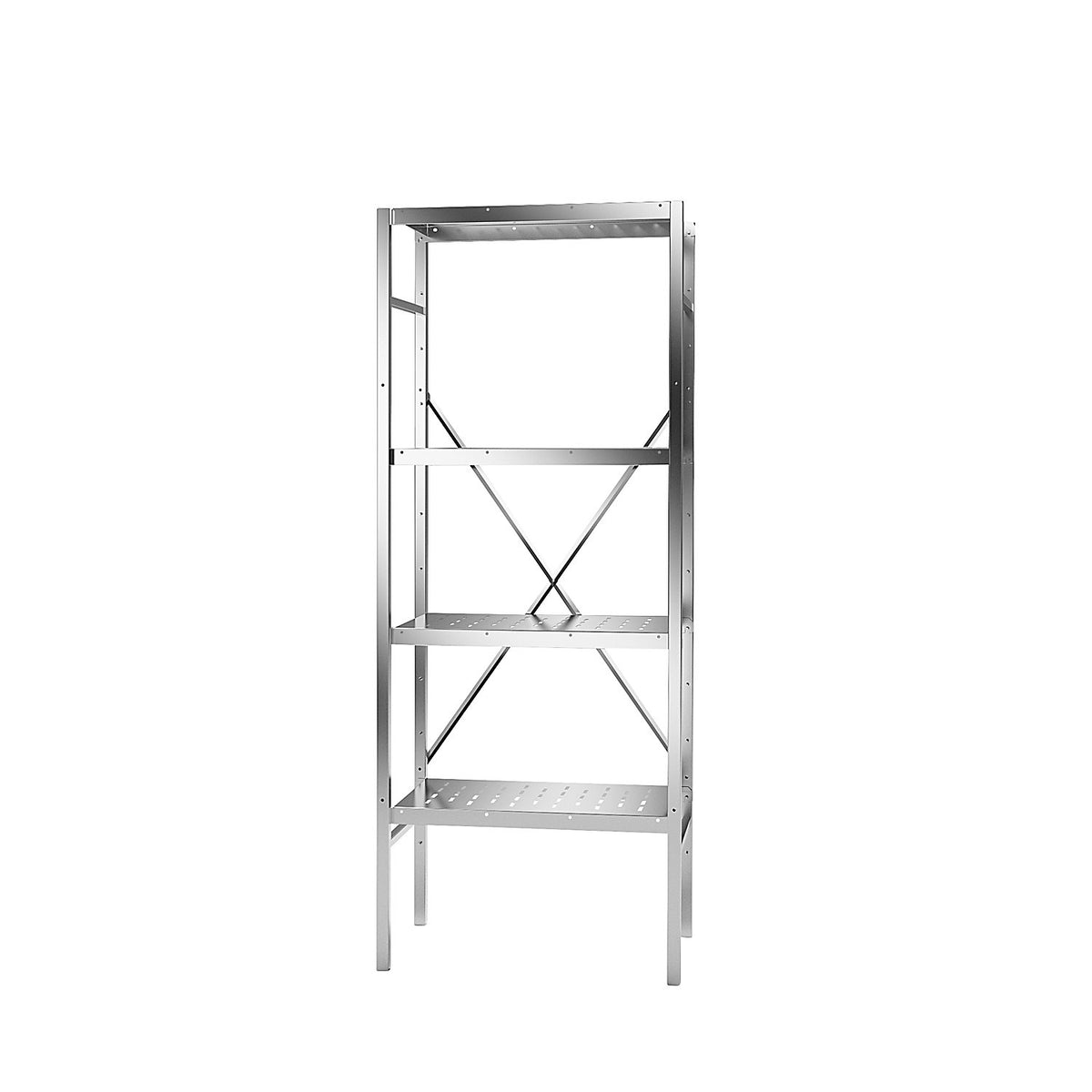 Stainless steel boltless shelf unit, 4 perforated shelves, shelf width x depth 640 x 440 mm, standard shelf unit.
