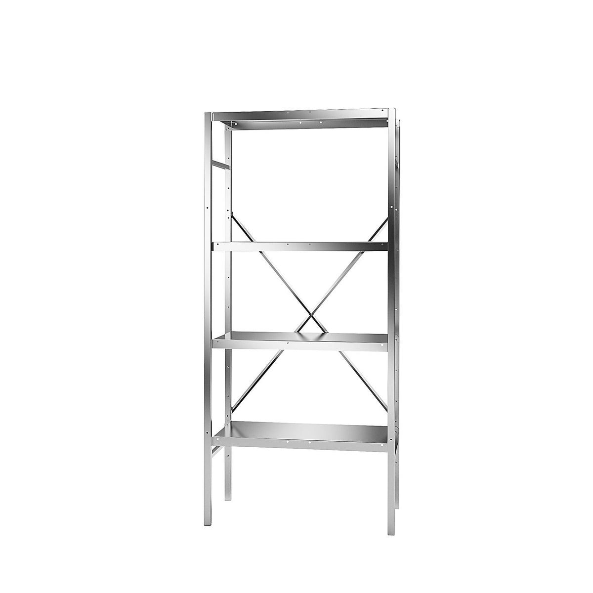 Stainless steel boltless shelf unit, 4 smooth shelves, shelf width x depth 740 x 440 mm, standard shelf unit.